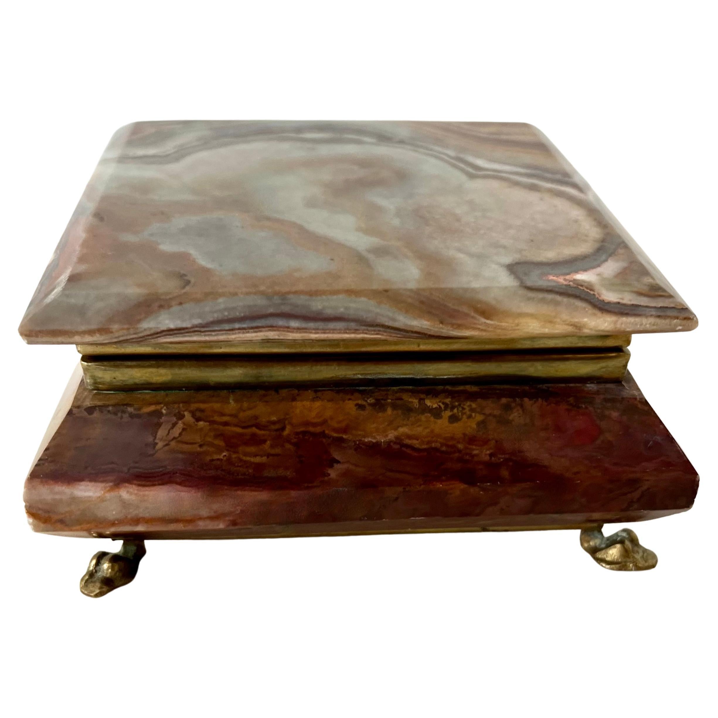 Lidded Alabaster Stash or 420 Box on Brass Paw Feet with Red Lined Interior For Sale