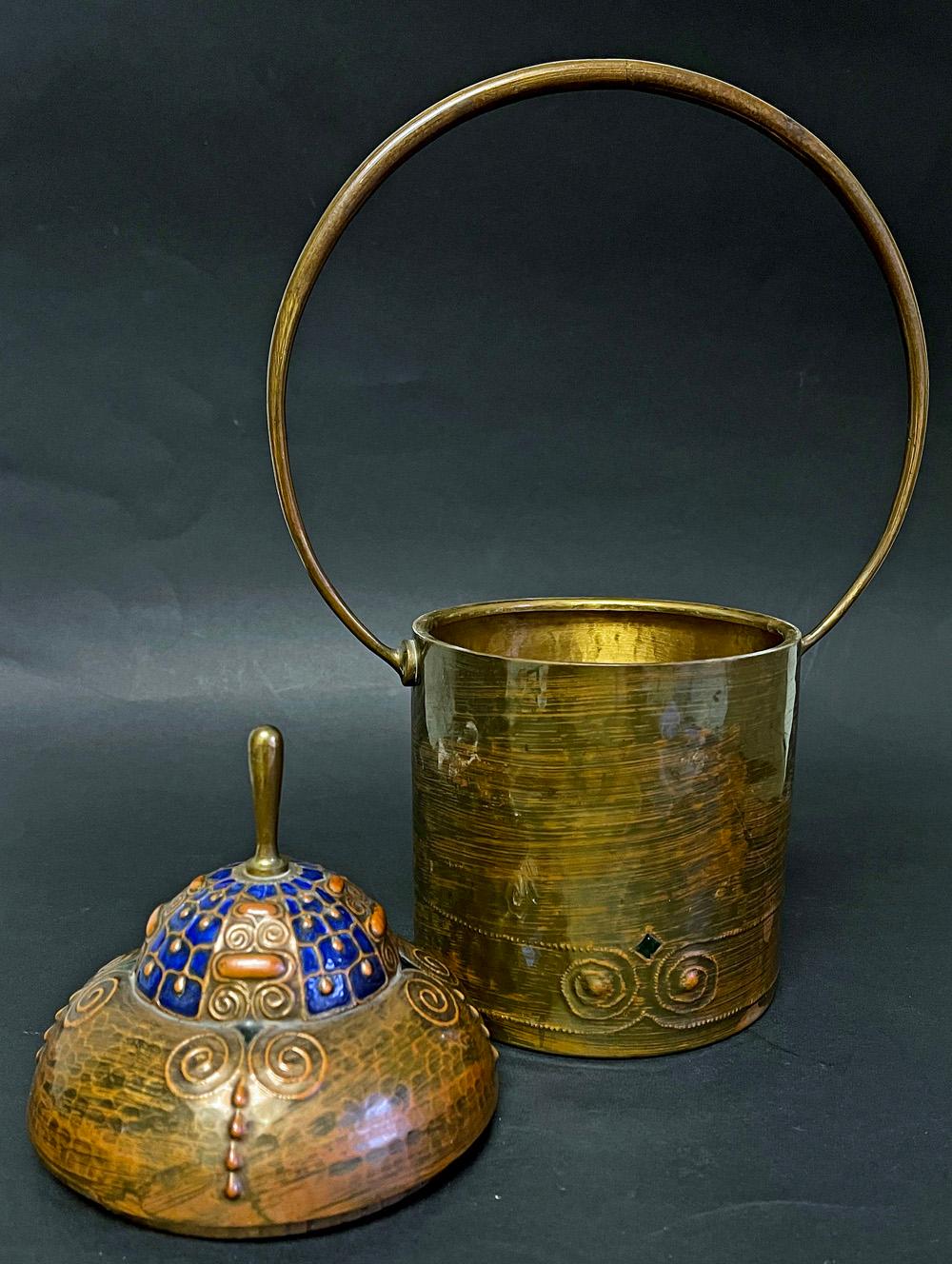 Lidded Canister with Handle, Elaborate Repoussé & Enamel Work, Munich Secession In Good Condition For Sale In Philadelphia, PA