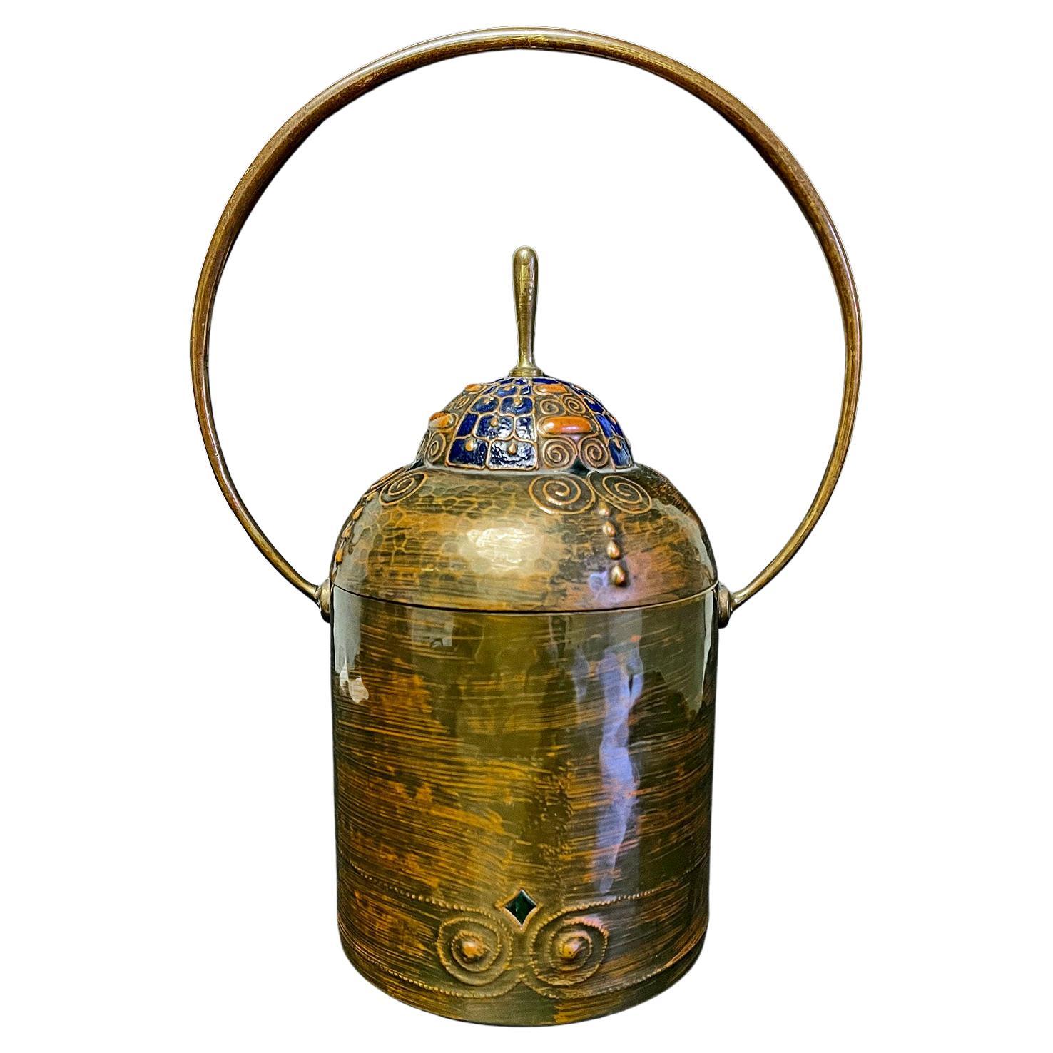 Lidded Canister with Handle, Elaborate Repoussé & Enamel Work, Munich Secession For Sale