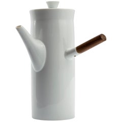 Lidded Coffee Pot in White Ceramic with Wooden Handle by Kenji Fujita, 1950s