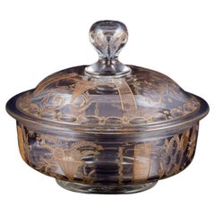 Lidded French Bowl in Mouth-Blown Glass with Faceted Motifs and Gold Decoration