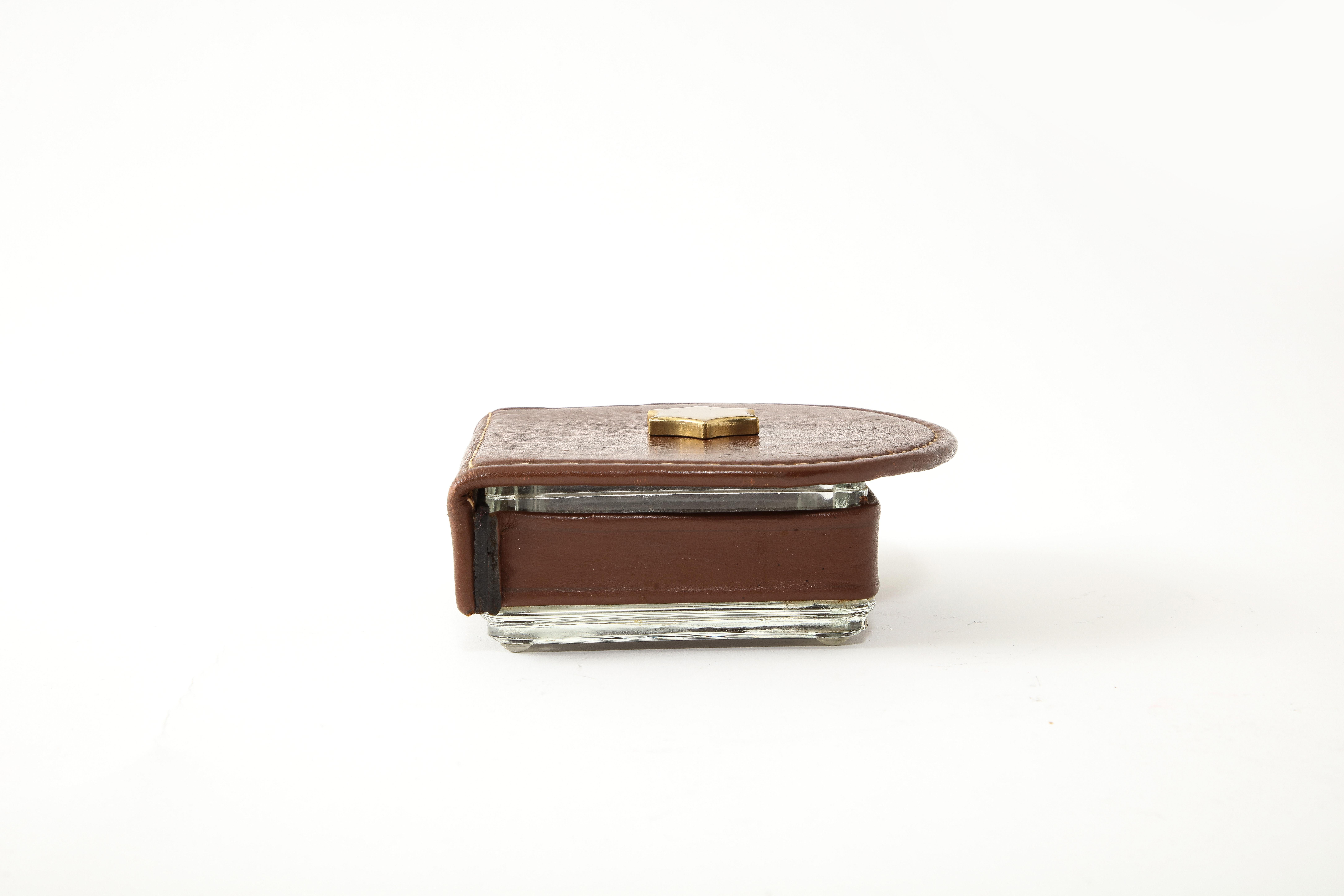 Lidded Glass & Leather Box by Jacques Adnet, France 1950's For Sale 5