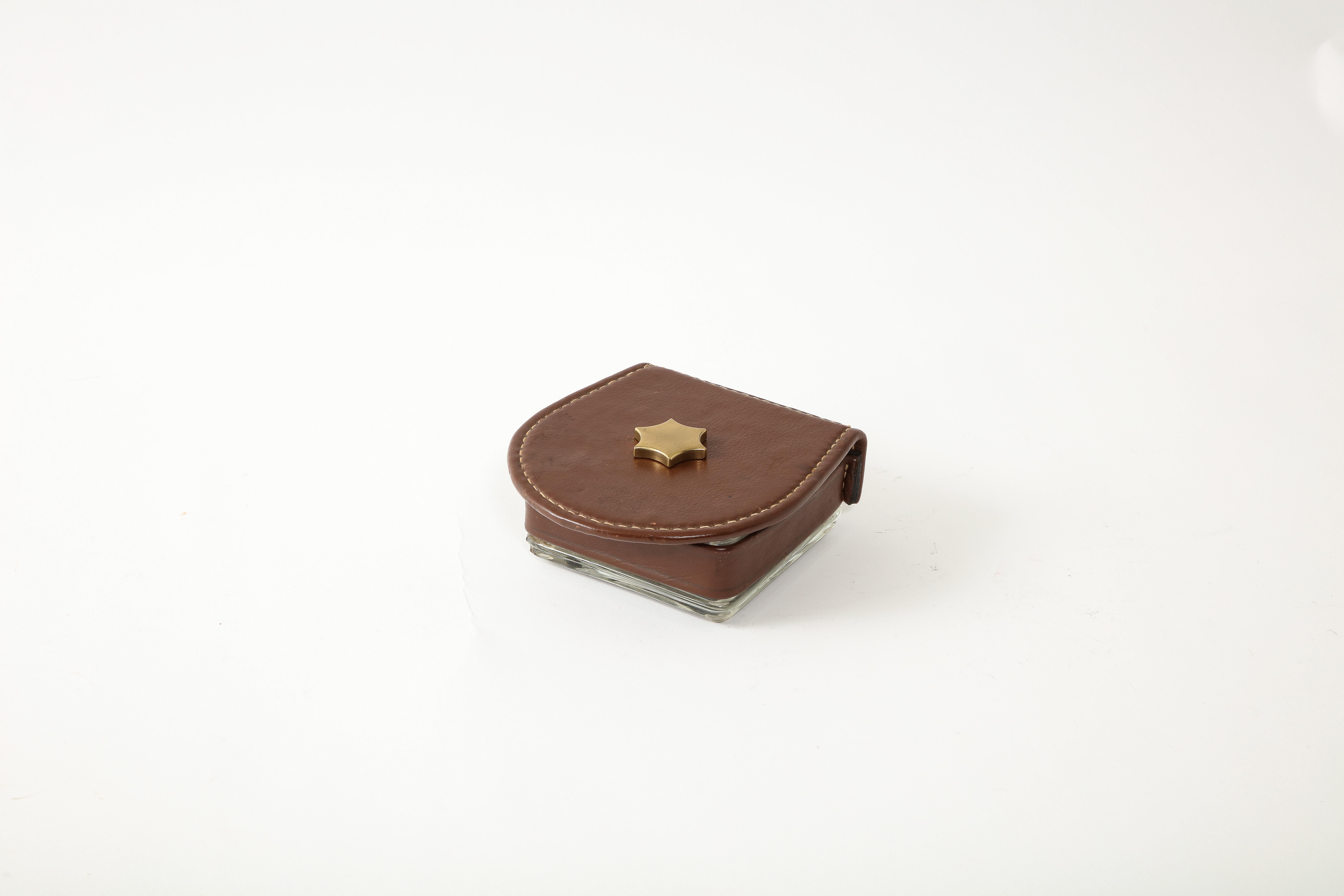 Lidded Glass & Leather Box by Jacques Adnet, France 1950's For Sale 6