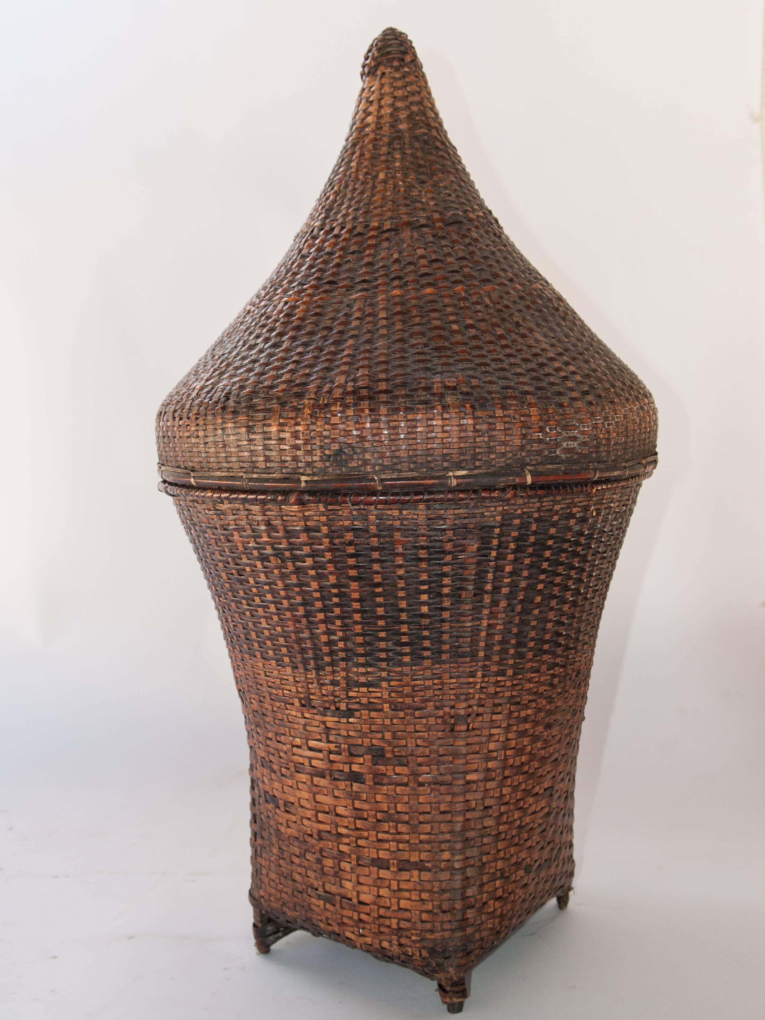 Tribal Lidded Handwoven Storage Basket, Chin People of Burma, Mid-20th Century, Bamboo