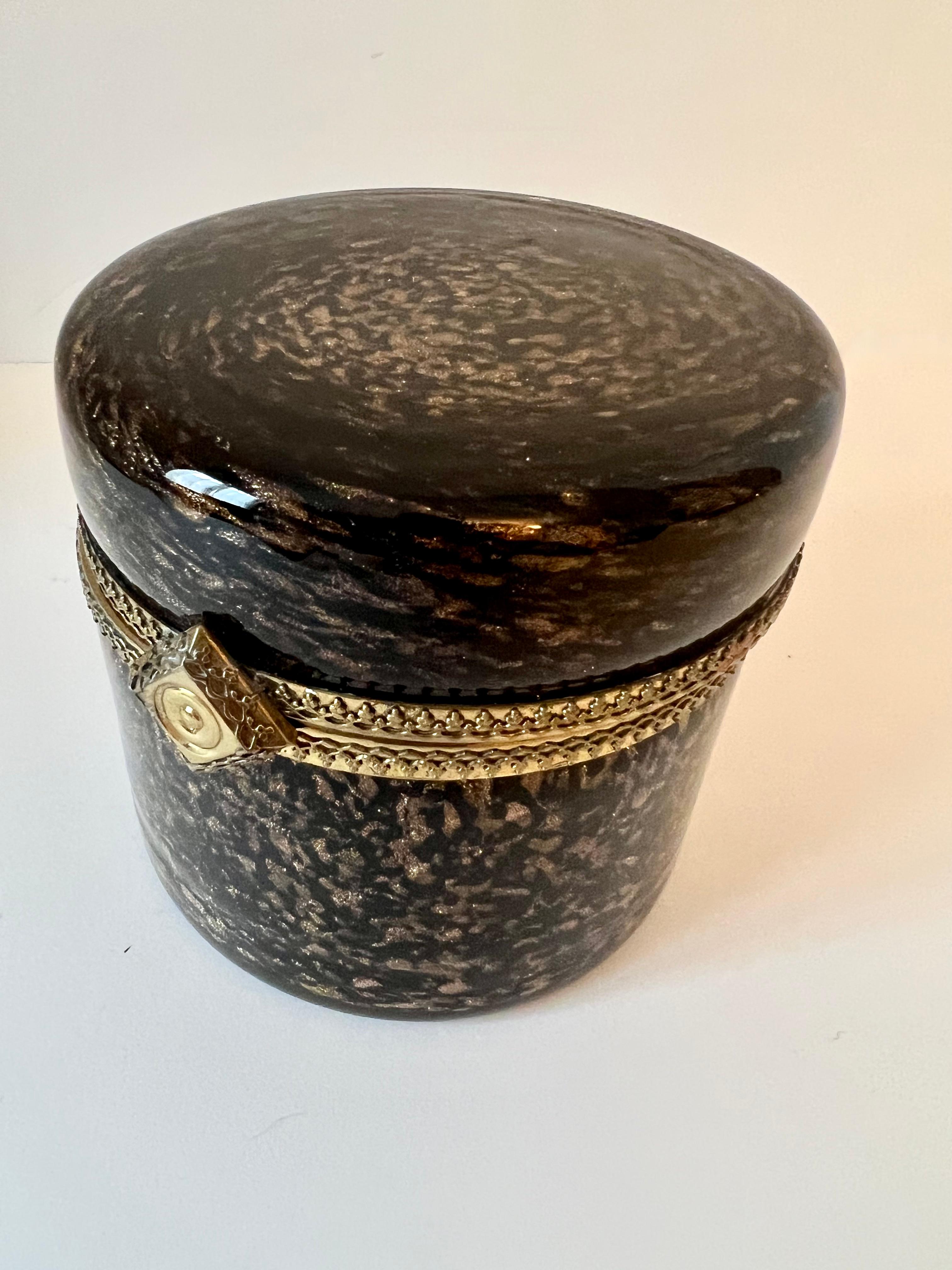 Hand-Crafted Lidded Italian Murano Tortoise Style and Gold Fleck Glass Box with Brass Closure