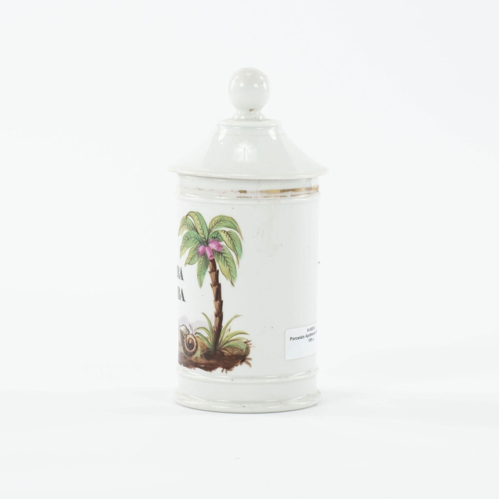 Lidded porcelain apothecary jar, with hand-painted Latin label 