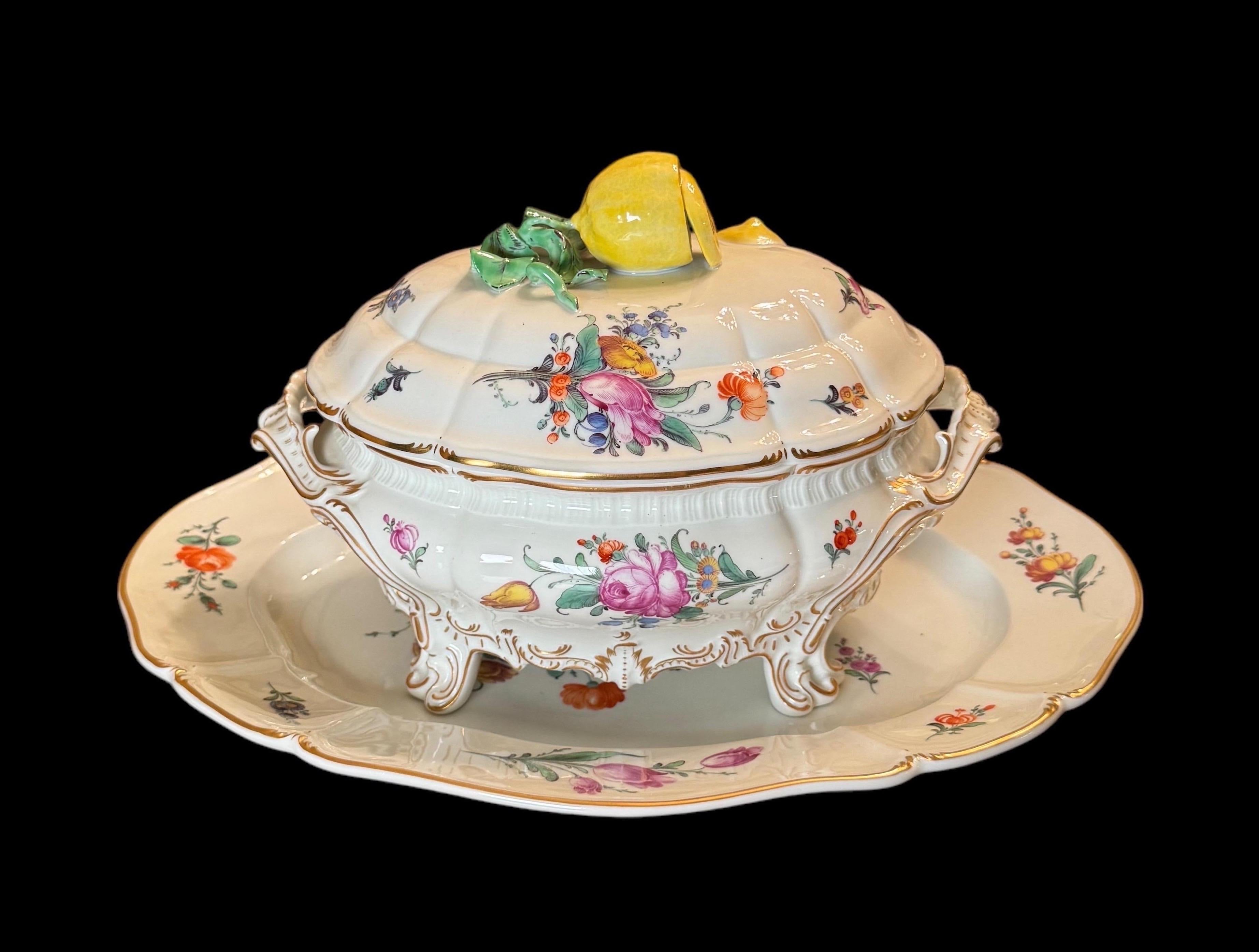 Sopera y fuente con tapa, Nymphenburg, Múnich Alemán 

  Parte inferior marcada con el escudo Nymphenburg, A porcelana pintada
sopera y paltter. La sopera con pie de porcelana pintada sobre un 
plater ambos con motivos florales pintados y decoración