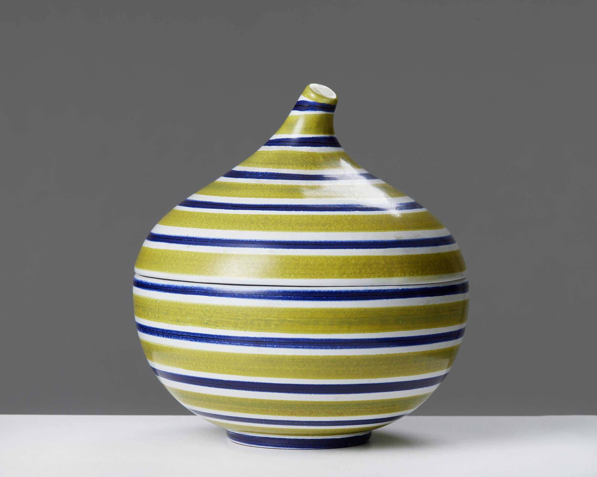 Lidded vessel designed by Stig Lindberg for Gustavsberg,
Sweden, 1950s.

Earthenware.

Signed.

Stig Lindberg was one of the most influential Swedish ceramics designers of the post-war years. His designs include individual art pieces as well as