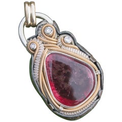 Liddicoatite Tourmaline Diamond 14 Karat Rose Gold Silver Wire Wrapped Pendant