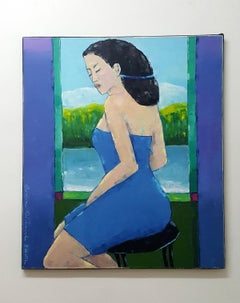 Portrait in a blue dress. Figurative oil painting, Polish artist
