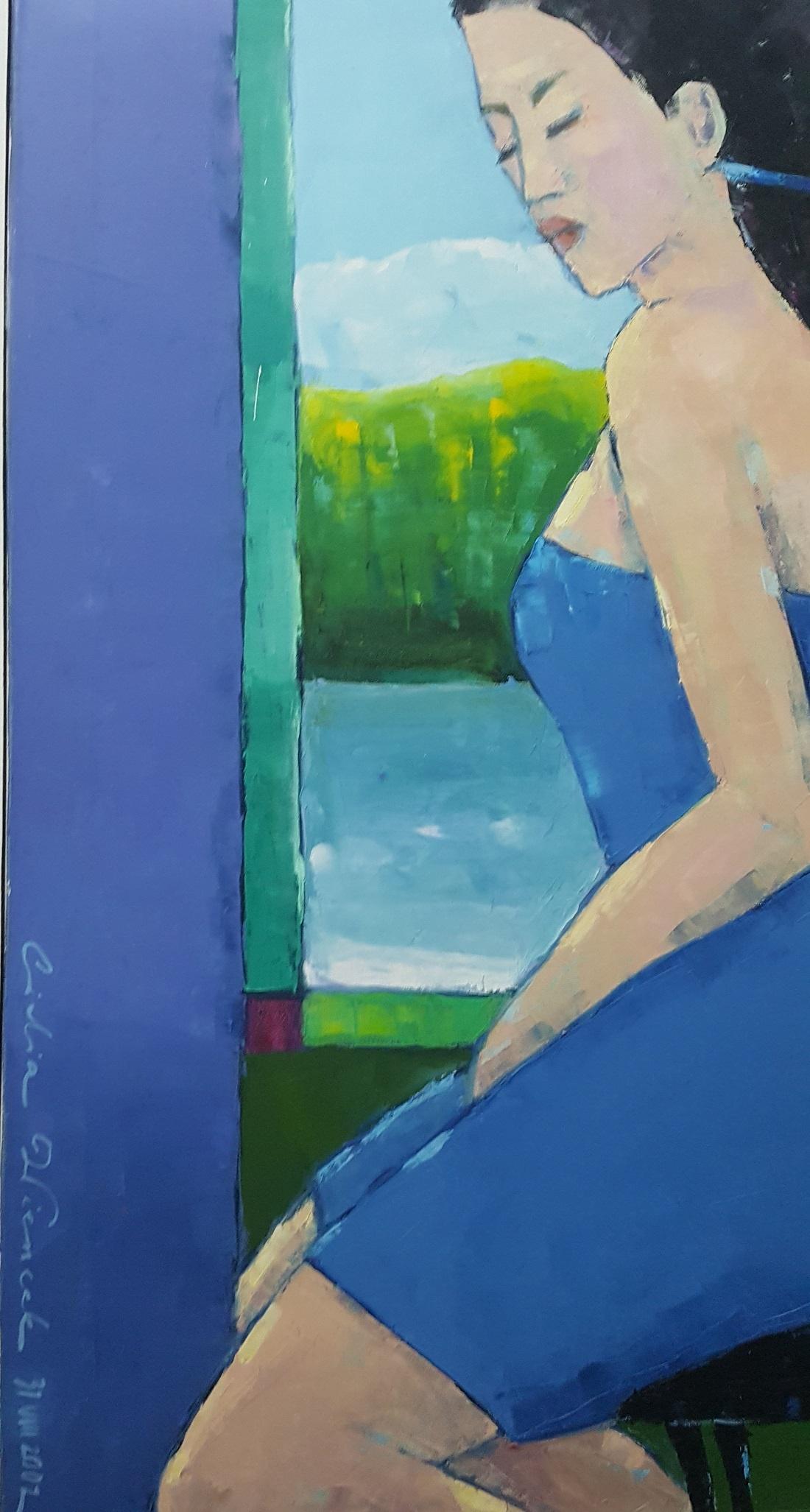 Porträt in einem blauen Kleid. Figuratives Ölgemälde, polnischer Künstler (Blau), Figurative Painting, von Lidia Wiencek