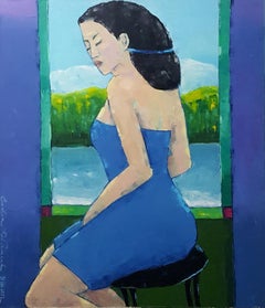 Portrait in a blue dress. Figurative oil painting, Polish artist