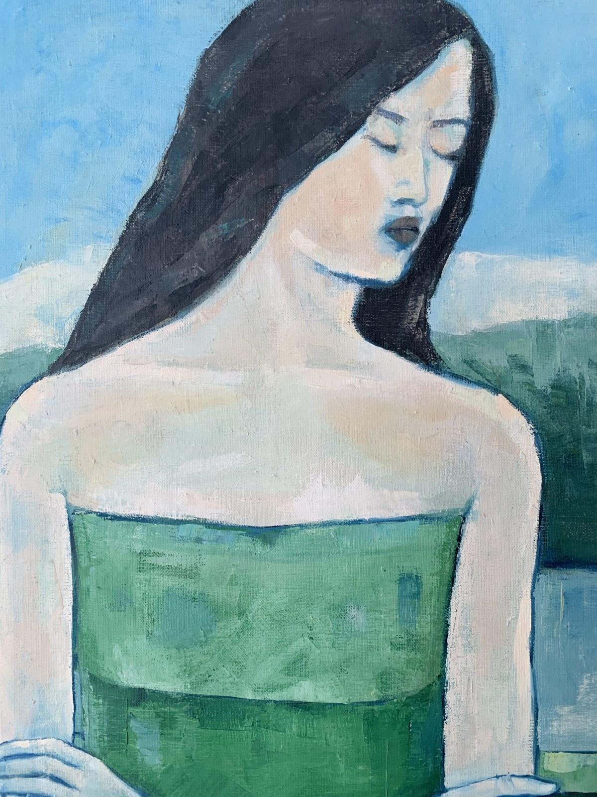 Portrait in a green dress. Figurative oil painting, Polish artist - Painting by Lidia Wiencek