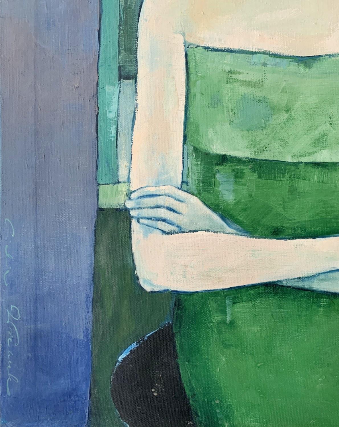 Portrait in a green dress. Figurative oil painting, Polish artist - Gray Figurative Painting by Lidia Wiencek