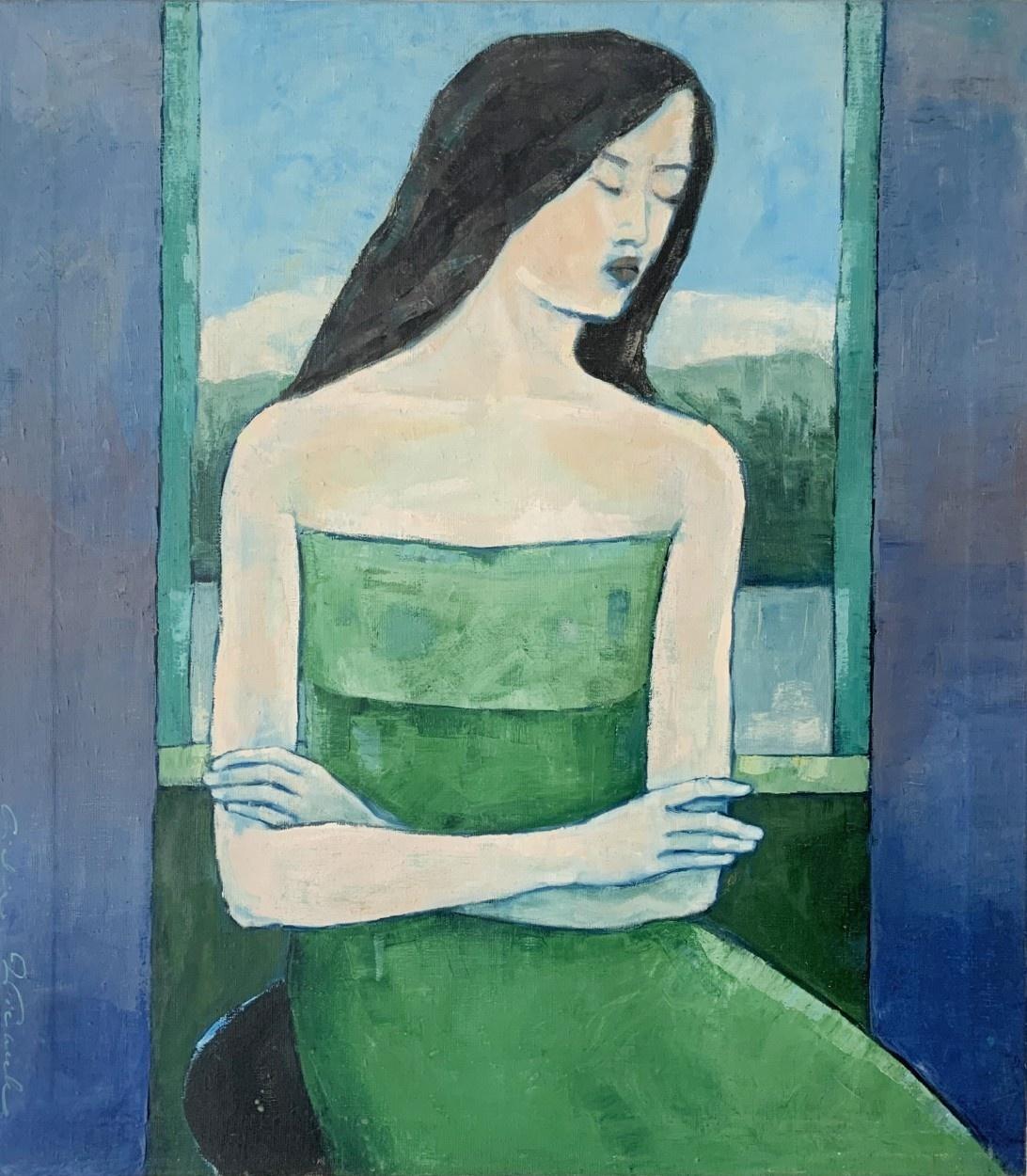 Lidia Wiencek Figurative Painting - Portrait in a green dress. Figurative oil painting, Polish artist