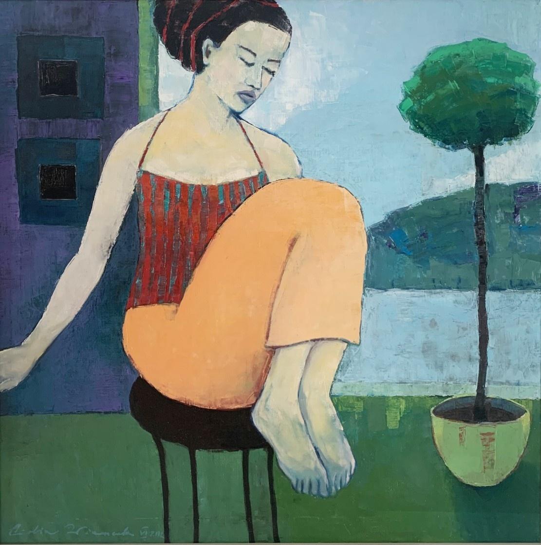 Lidia Wiencek Figurative Painting - Woman on a chair - Figurative oil painting, Female portrait, Polish artist