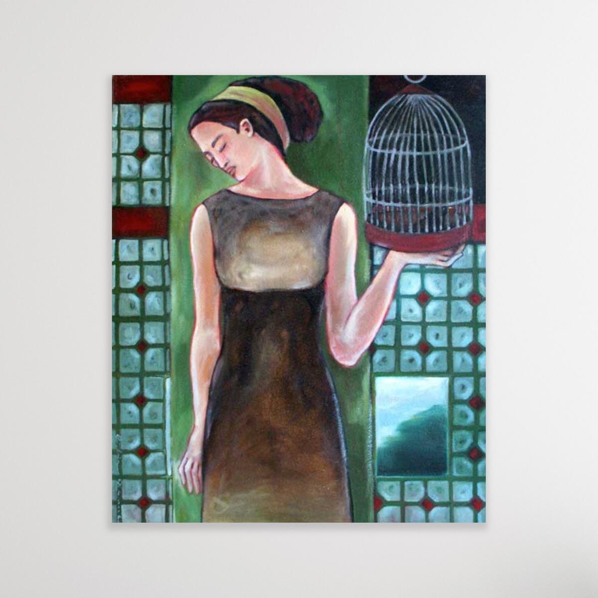 Figurative Painting de Lidia Wiencek - Mujer con jaula - Pintura al óleo figurativa, Retrato femenino, Artista polaco