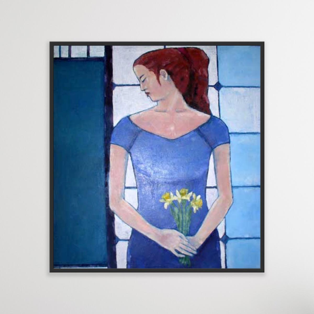 Woman with daffodils - Figurative oil painting, Female portrait, Polish artist - Painting by Lidia Wiencek