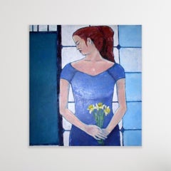Woman with daffodils - Figurative oil painting, Female portrait, Polish artist