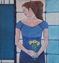 Woman with daffodils - Figurative oil painting, Female portrait, Polish artist