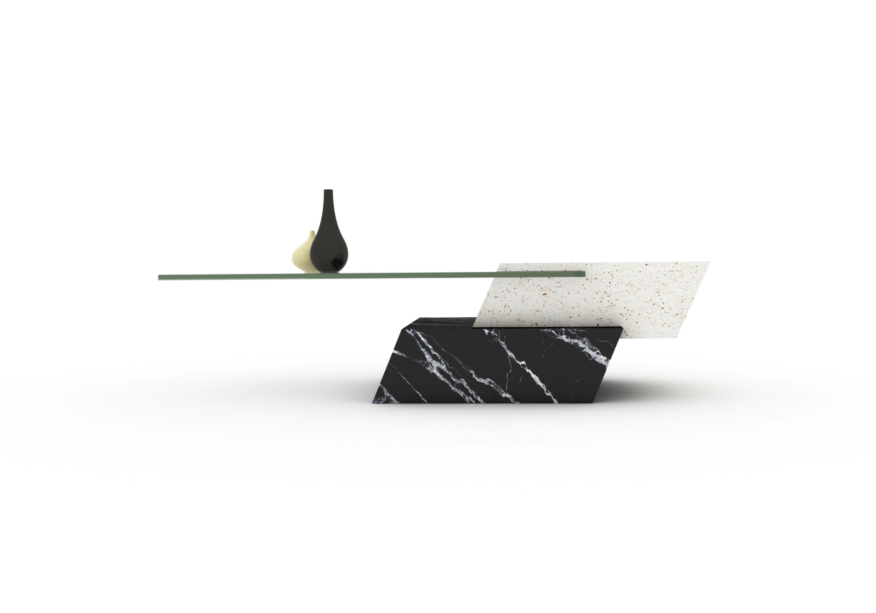 Modern LIDO Marble Design Coffee Table Travertine, Marquina & Crystal Joaquín Moll For Sale