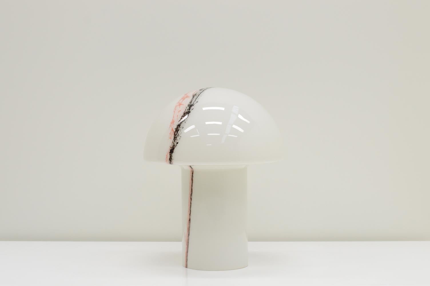“Lido” mushroom table lamp by Peill & Putzler, Germany, 1970s. This is the largest version of 3. Hand blown white glass with red and black striping. Holds a E27 buld. Marked on the inside. In very good vintage condition.