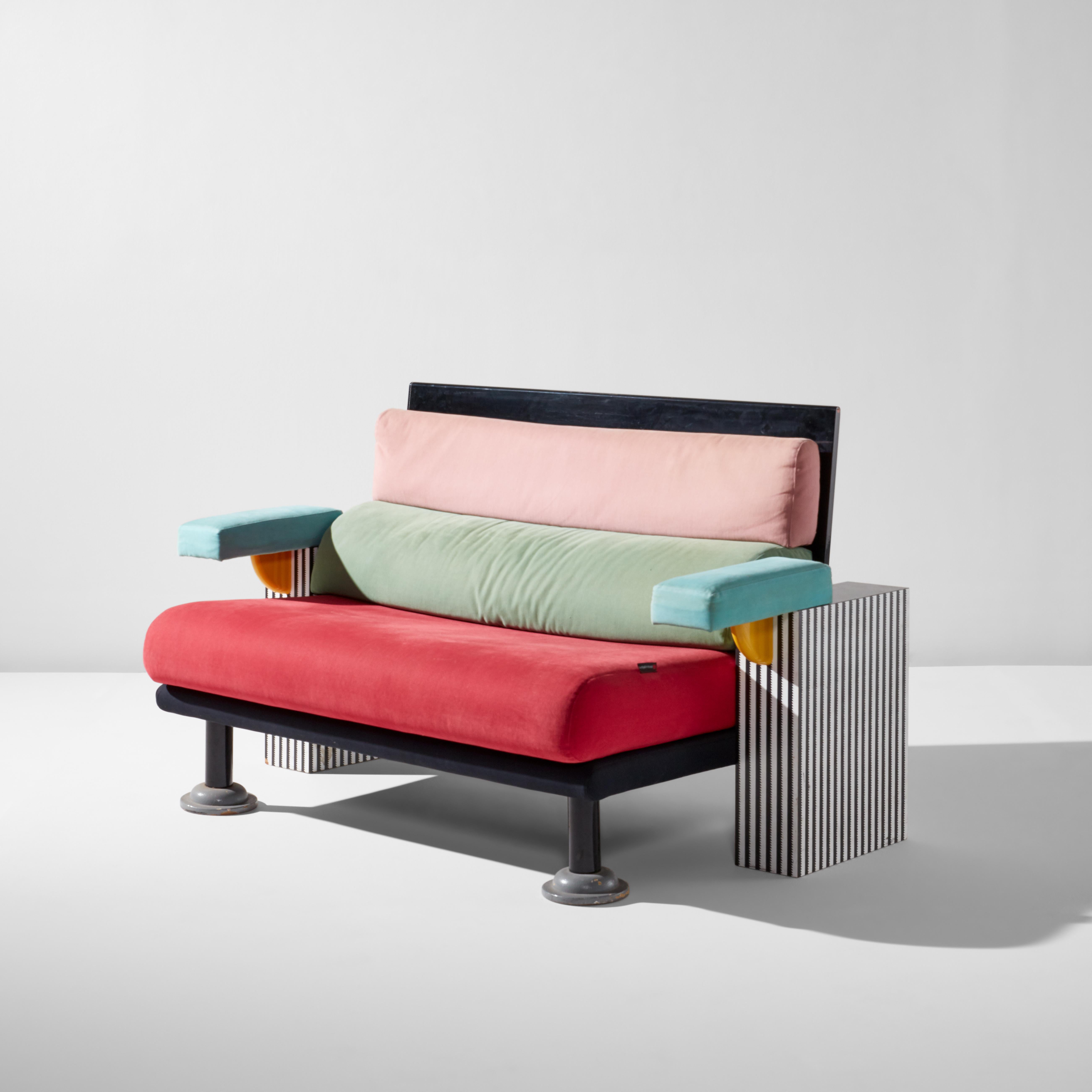 True to Memphis form, the 'Lido' lounge was not designed to be especially practical or inviting. In fact, its design was more intended for someone 'on-the-go' with its firm, woollen padded upholstery and short seat. This feeling is also evoked by