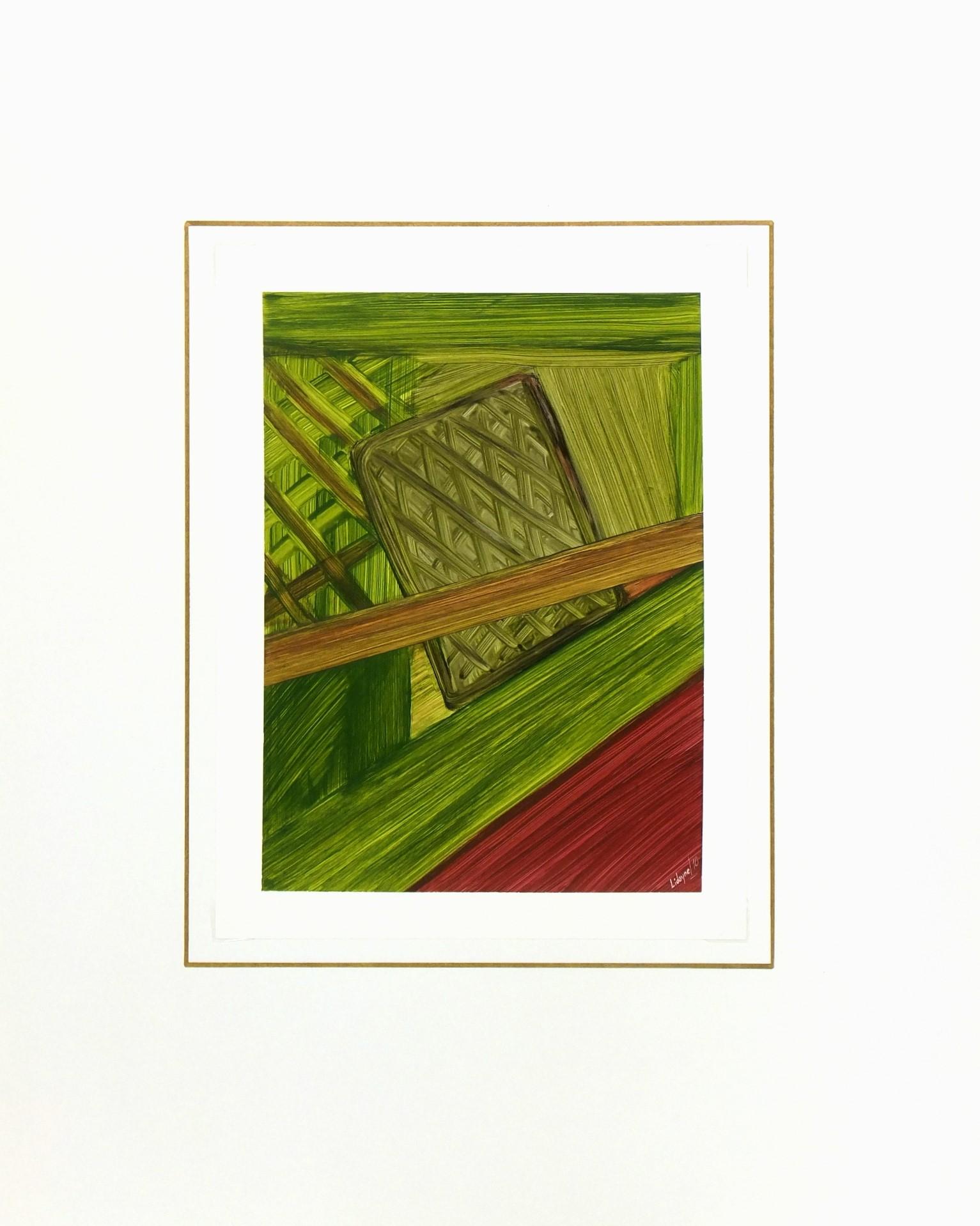 Abstract acrylic in earthy hues of green and accented in a deep maroon by Mexican artist Lidoyne, 2010.  Signed and dated lower right.

Original vintage one-of-a-kind artwork on paper displayed on a white mat with a gold border. Mat fits a
