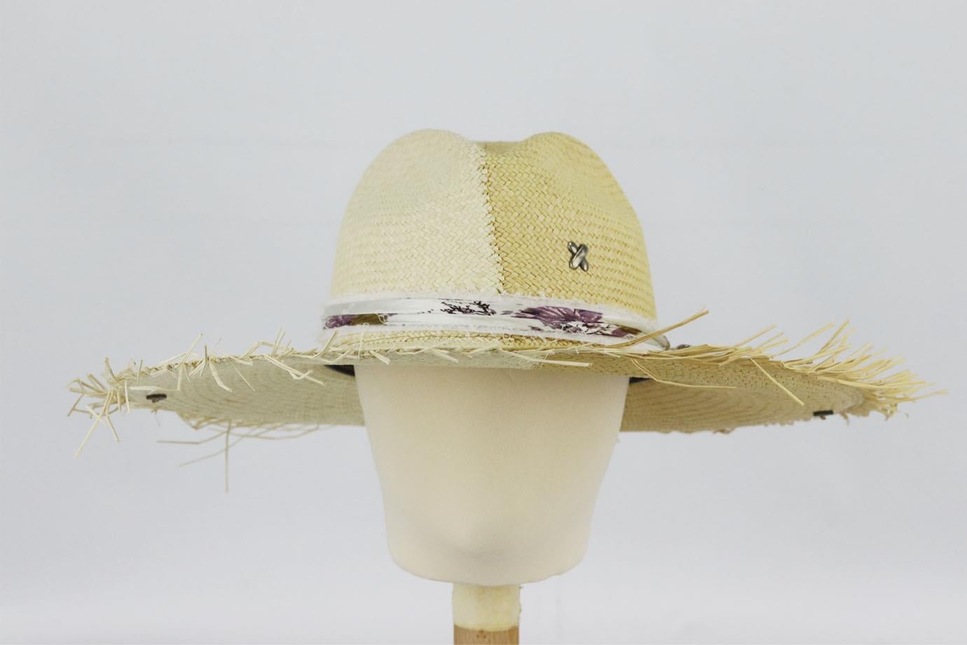 Lidrow fringed ribbon trimmed raffia hat. Beige. Slips on. Does not come with dustbag or box. Size: Medium (57 cm). Brim Width: 4 in
