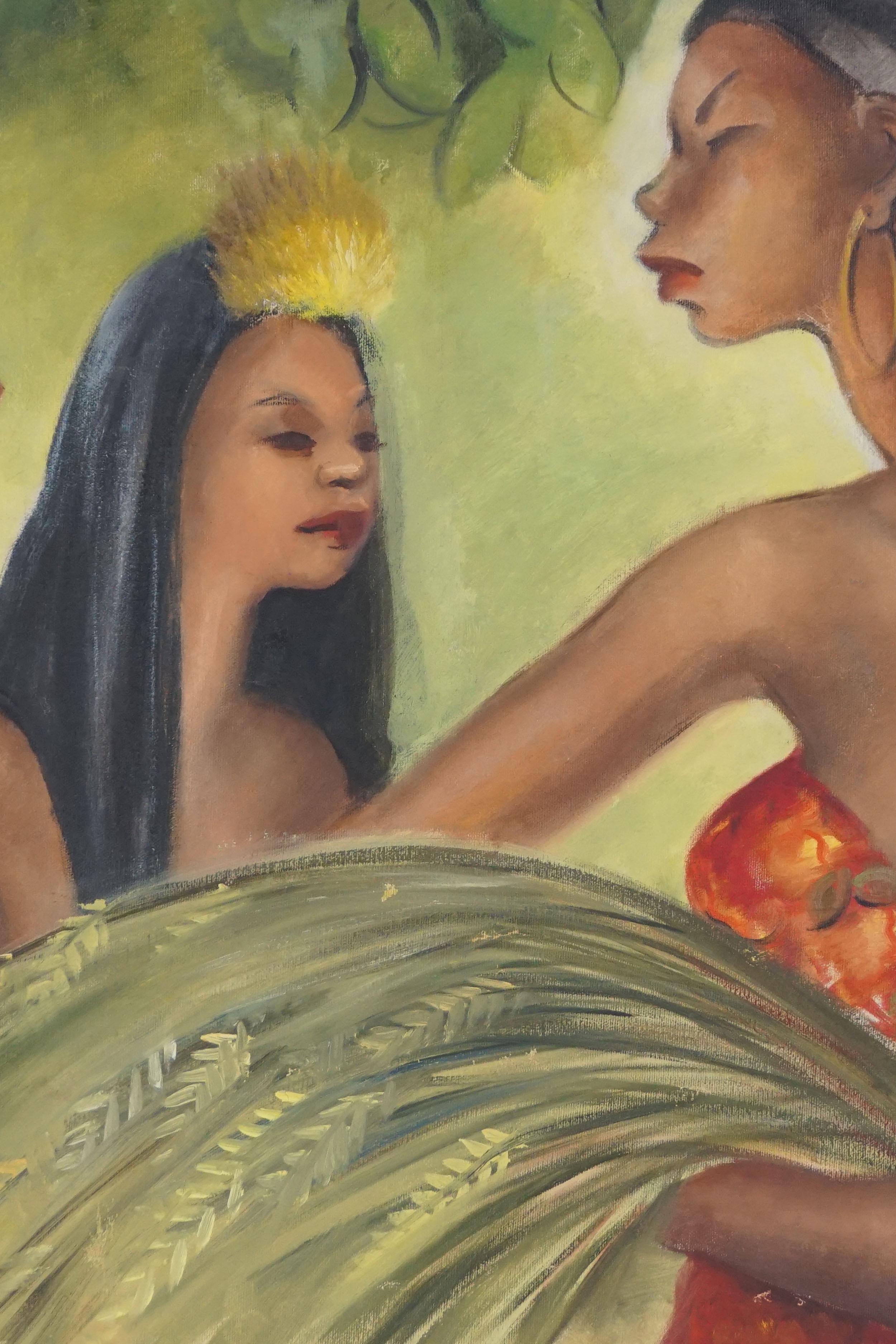 Pintura al óleo figurativa hawaiana vintage -- Antes del Luau - Painting de Lidster