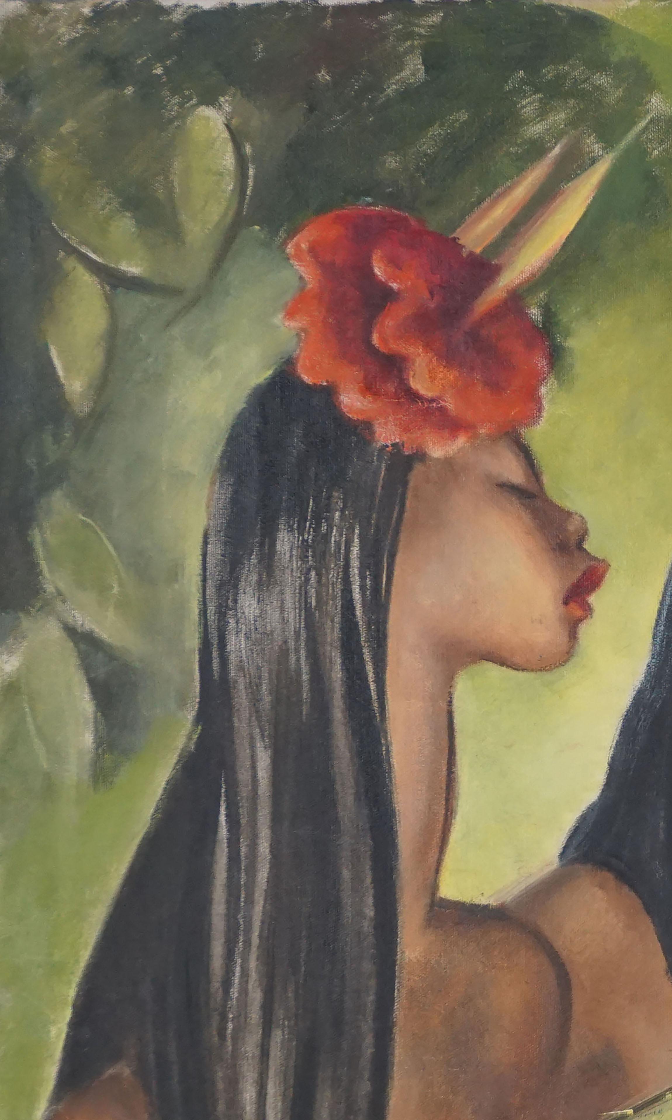 Pintura al óleo figurativa hawaiana vintage -- Antes del Luau - Painting Contemporáneo de Lidster