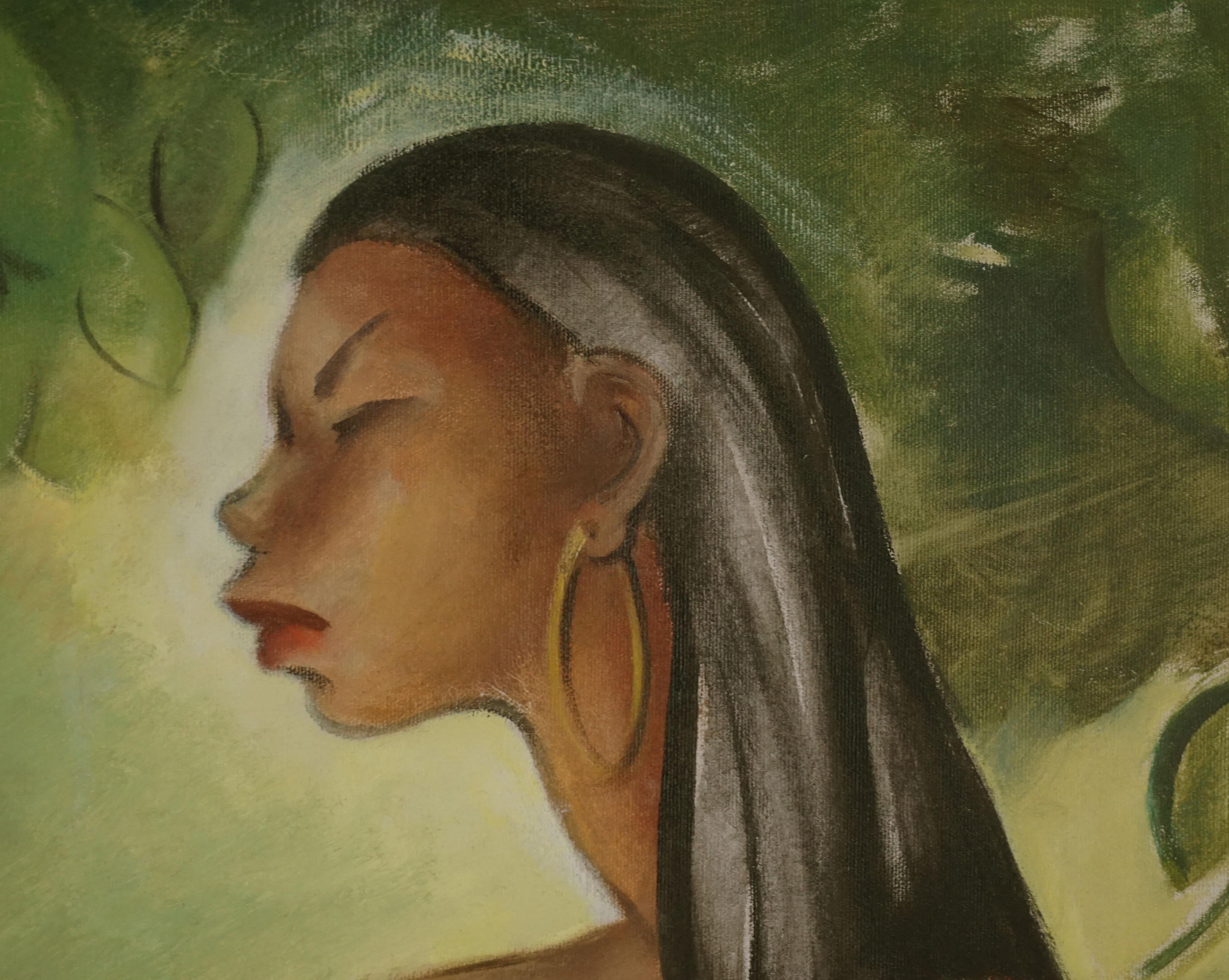 Pintura al óleo figurativa hawaiana vintage -- Antes del Luau - Figurative Painting Marrón de Lidster