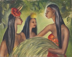 Peinture à l'huile hawaïenne figurative vintage - Avant le Luau