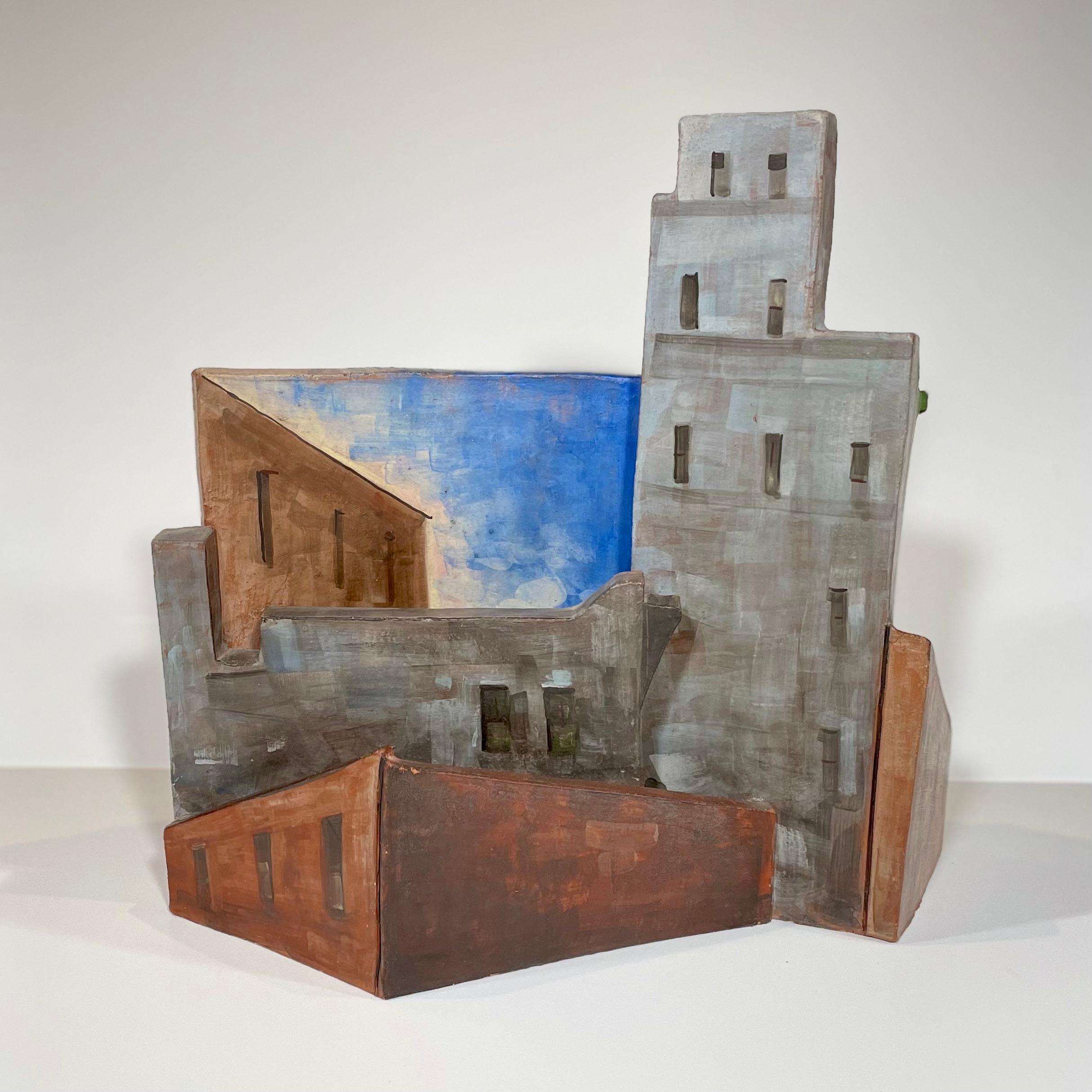 Paar Keramik-Skulpturengefäße, handbemalte New Yorker Skyline, grün und blau (Abstrakt), Sculpture, von Lidya Buzio