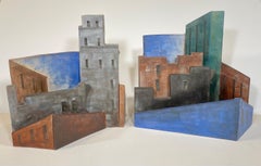 Paar Keramik-Skulpturengefäße, handbemalte New Yorker Skyline, grün und blau