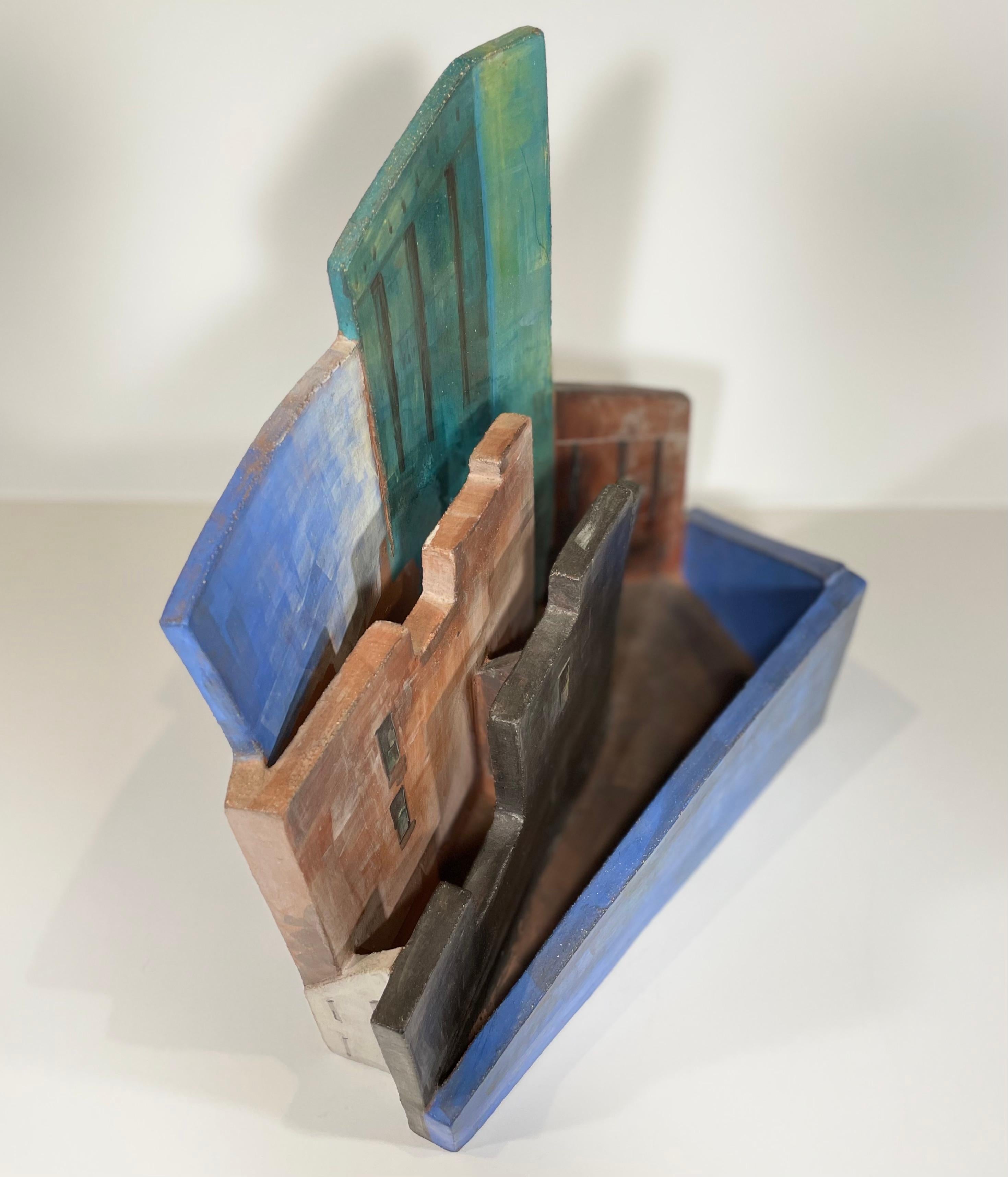Paar Keramik-Skulpturengefäße, handbemalte New Yorker Skyline, grün und blau 1