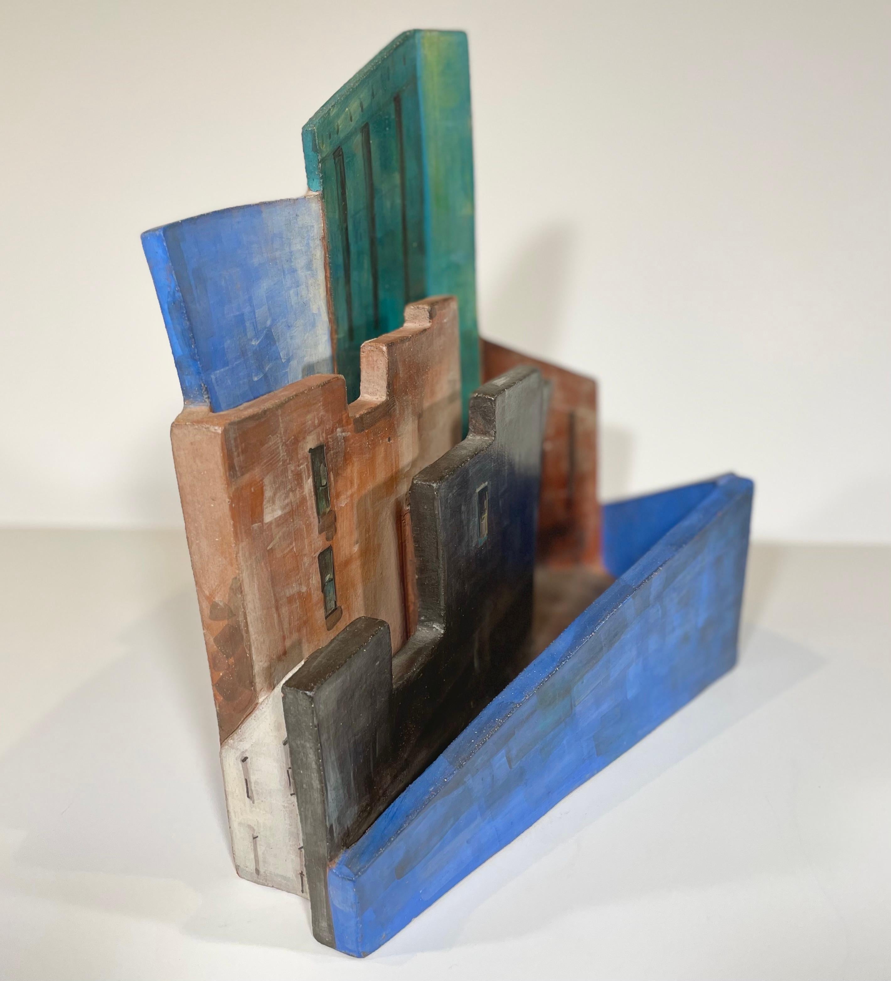 Paar Keramik-Skulpturengefäße, handbemalte New Yorker Skyline, grün und blau 2