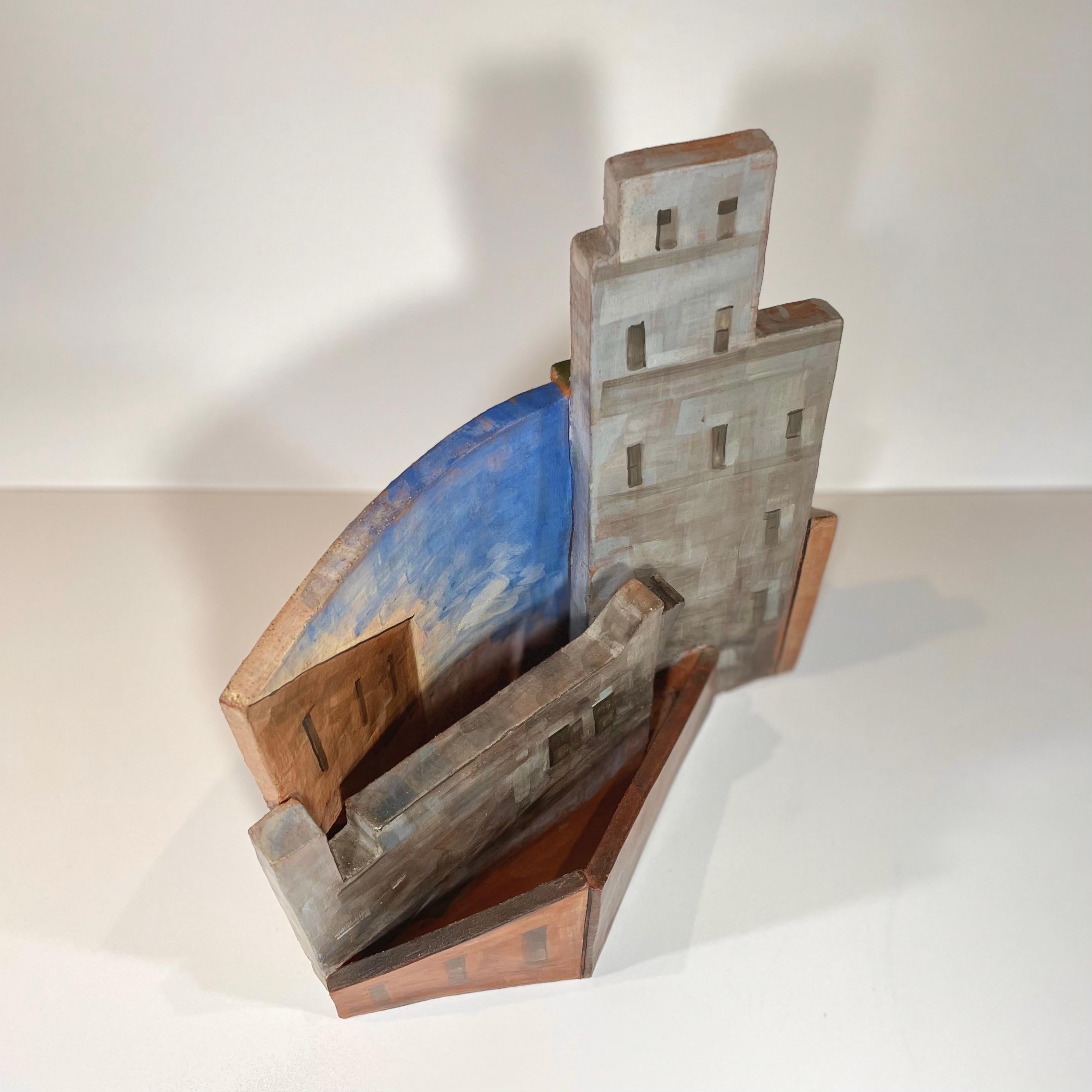 Paar Keramik-Skulpturengefäße, handbemalte New Yorker Skyline, grün und blau 4