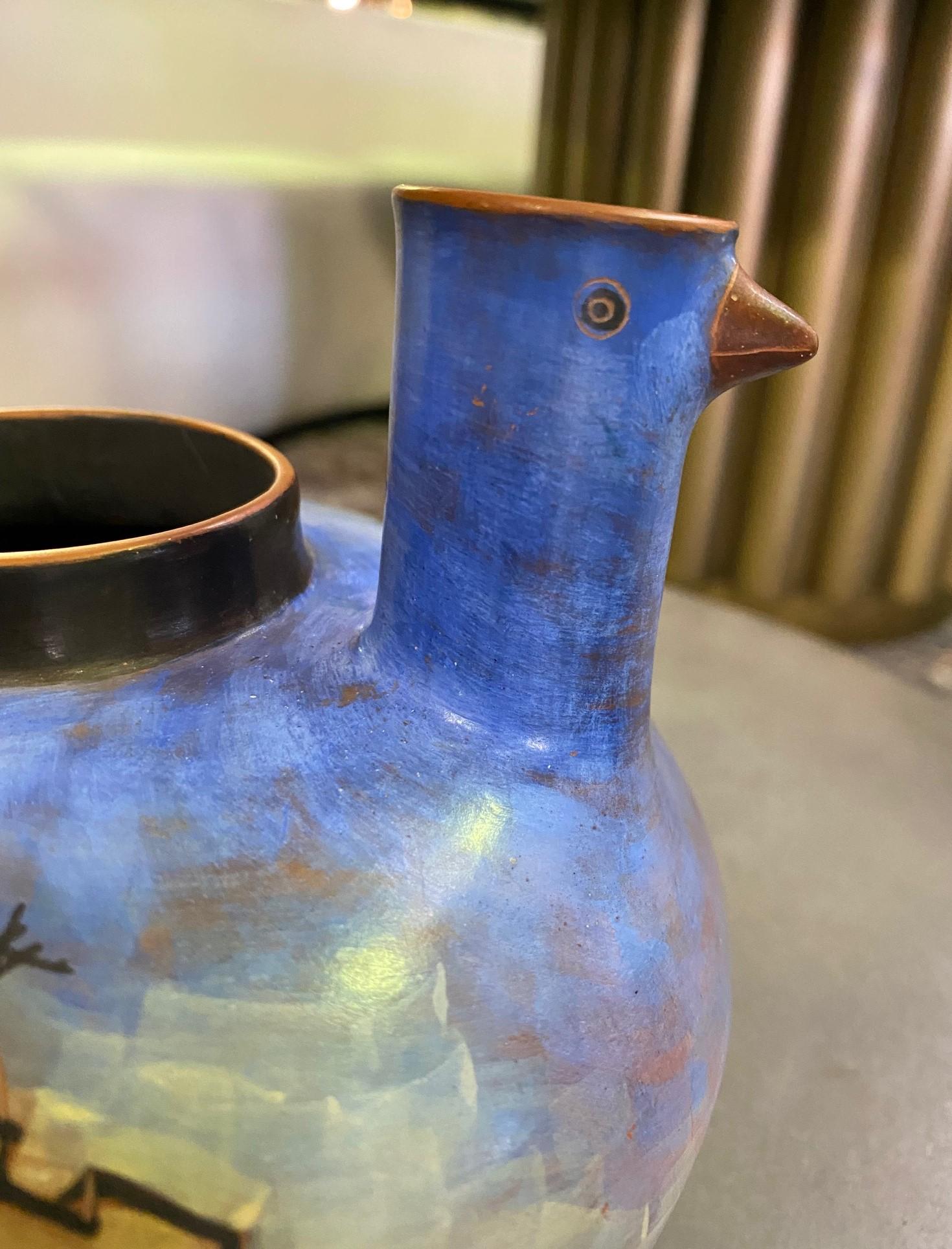 American Lidya Buzio Signed New York Artist Hand Painted Pottery Ceramic Vessel Vase 1980 For Sale