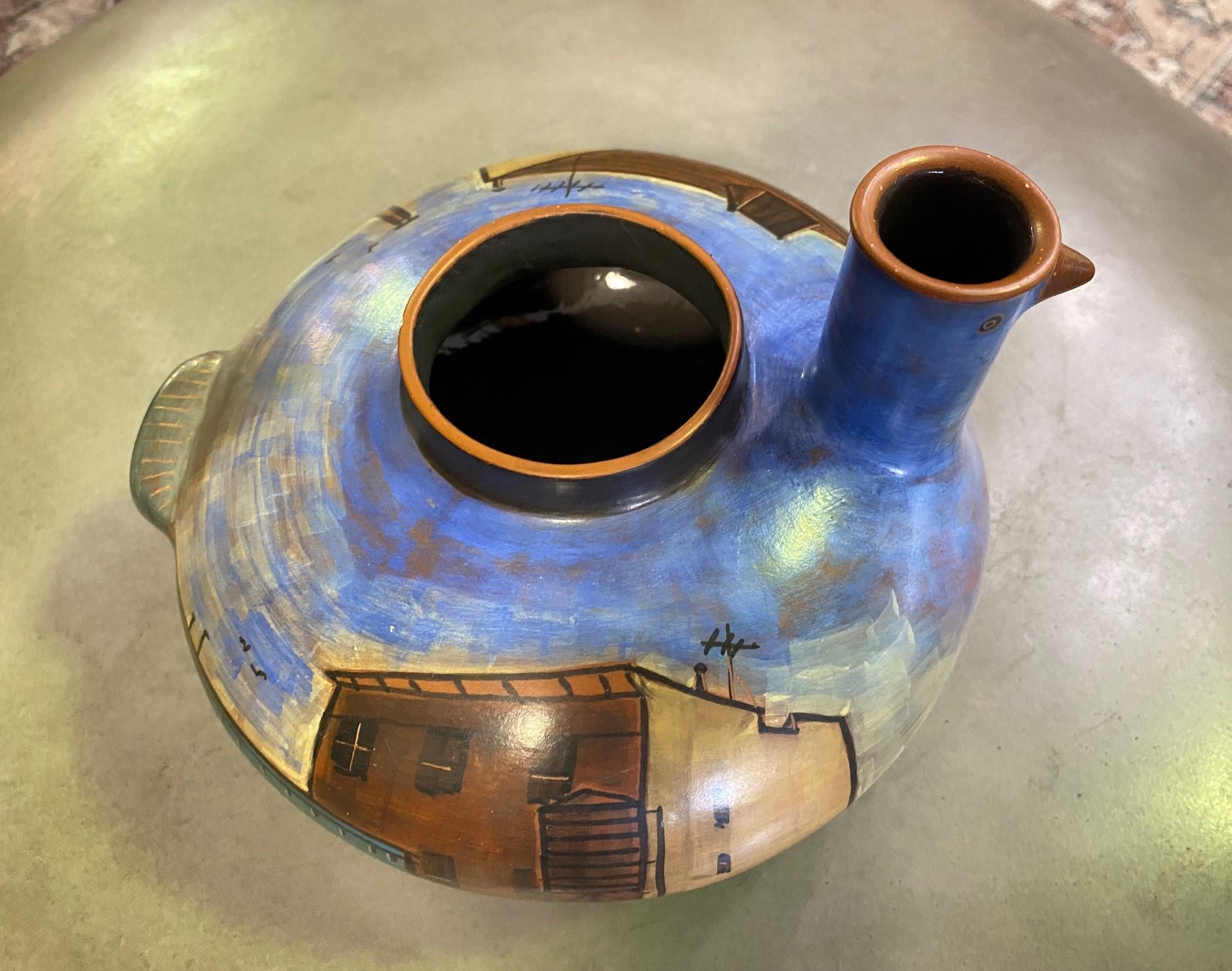 Glazed Lidya Buzio Signed New York Artist Hand Painted Pottery Ceramic Vessel Vase 1980 For Sale
