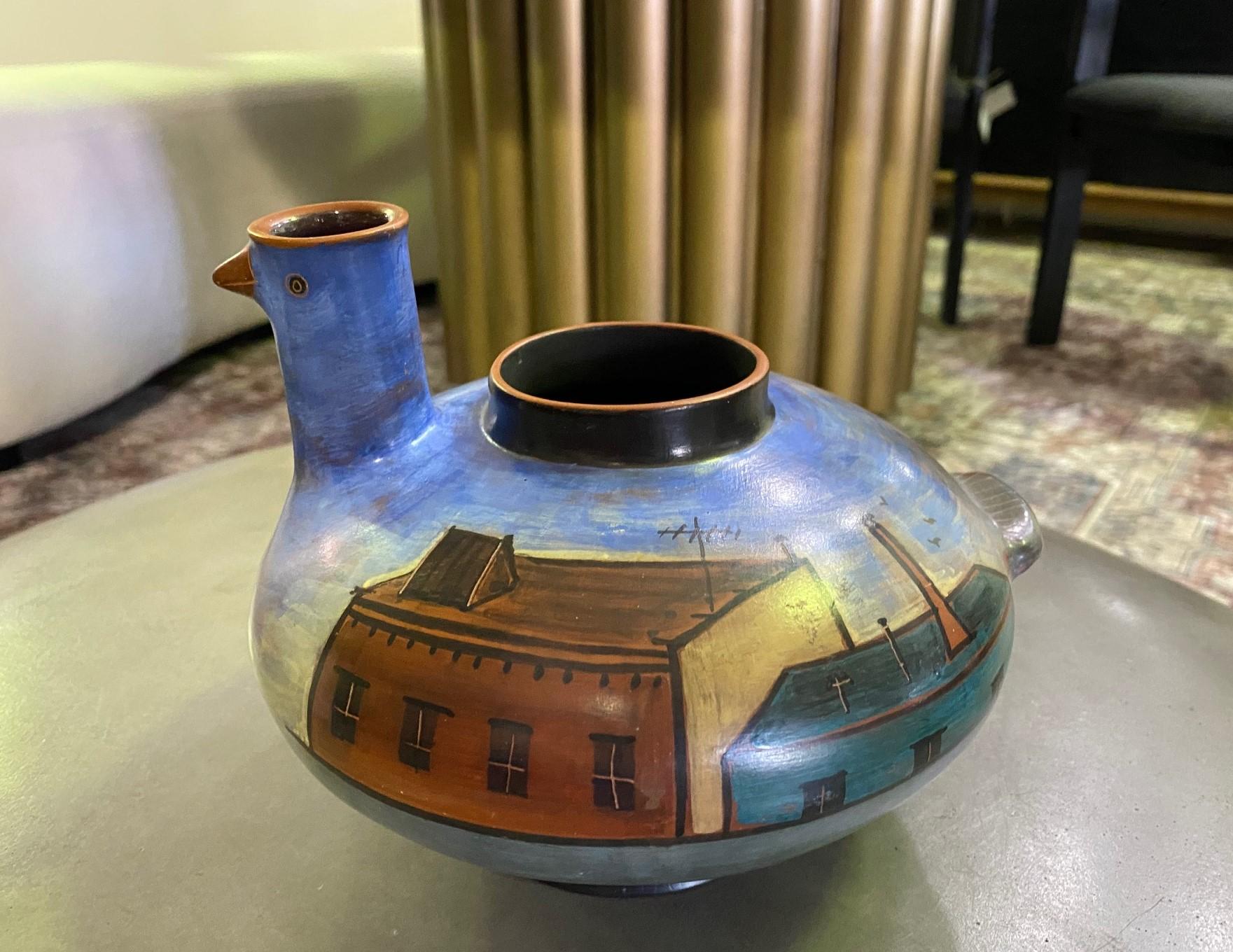 Terracotta Lidya Buzio Signed New York Artist Hand Painted Pottery Ceramic Vessel Vase 1980 For Sale