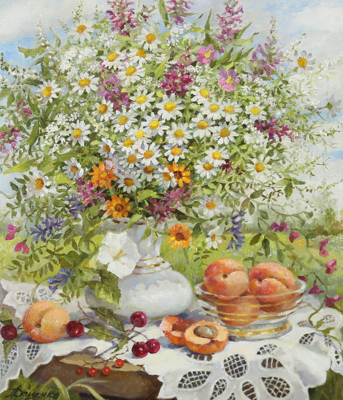 Lydia Datsenko (nata nel 1948) - Olio della scuola ucraina, Natura morta estiva - Painting di Lidya Datsenko