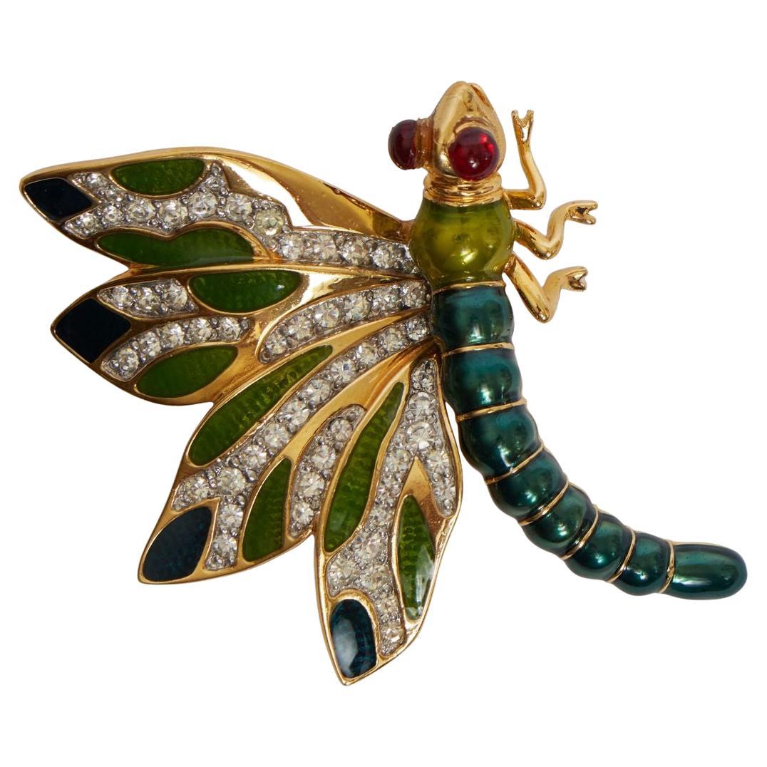 Judith Lieber green enamel and rhinestones jeweled brooch. Comes with velvet pouch.