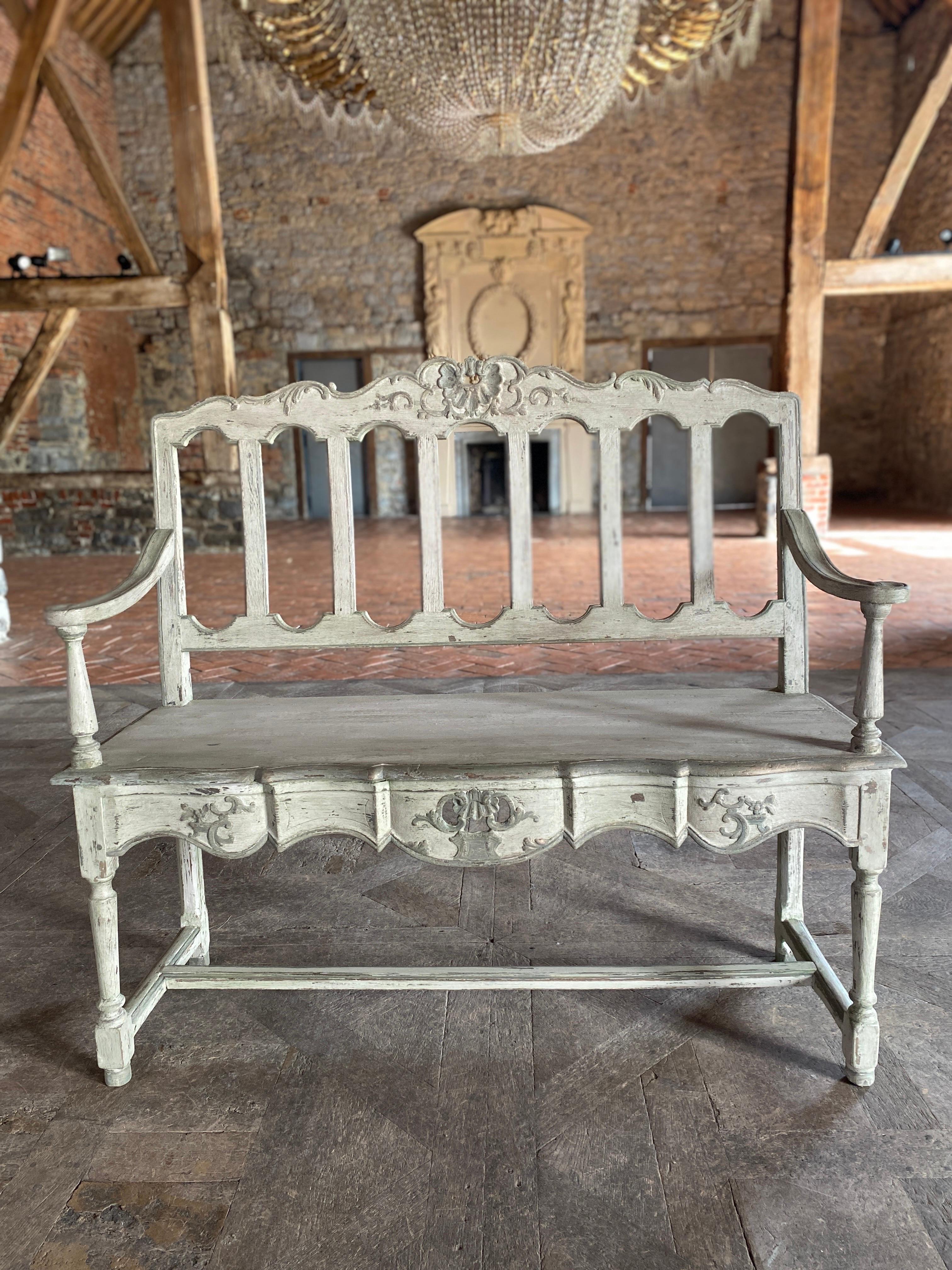 Hand-Painted Liège bench carved 18th century Louis XIV  For Sale