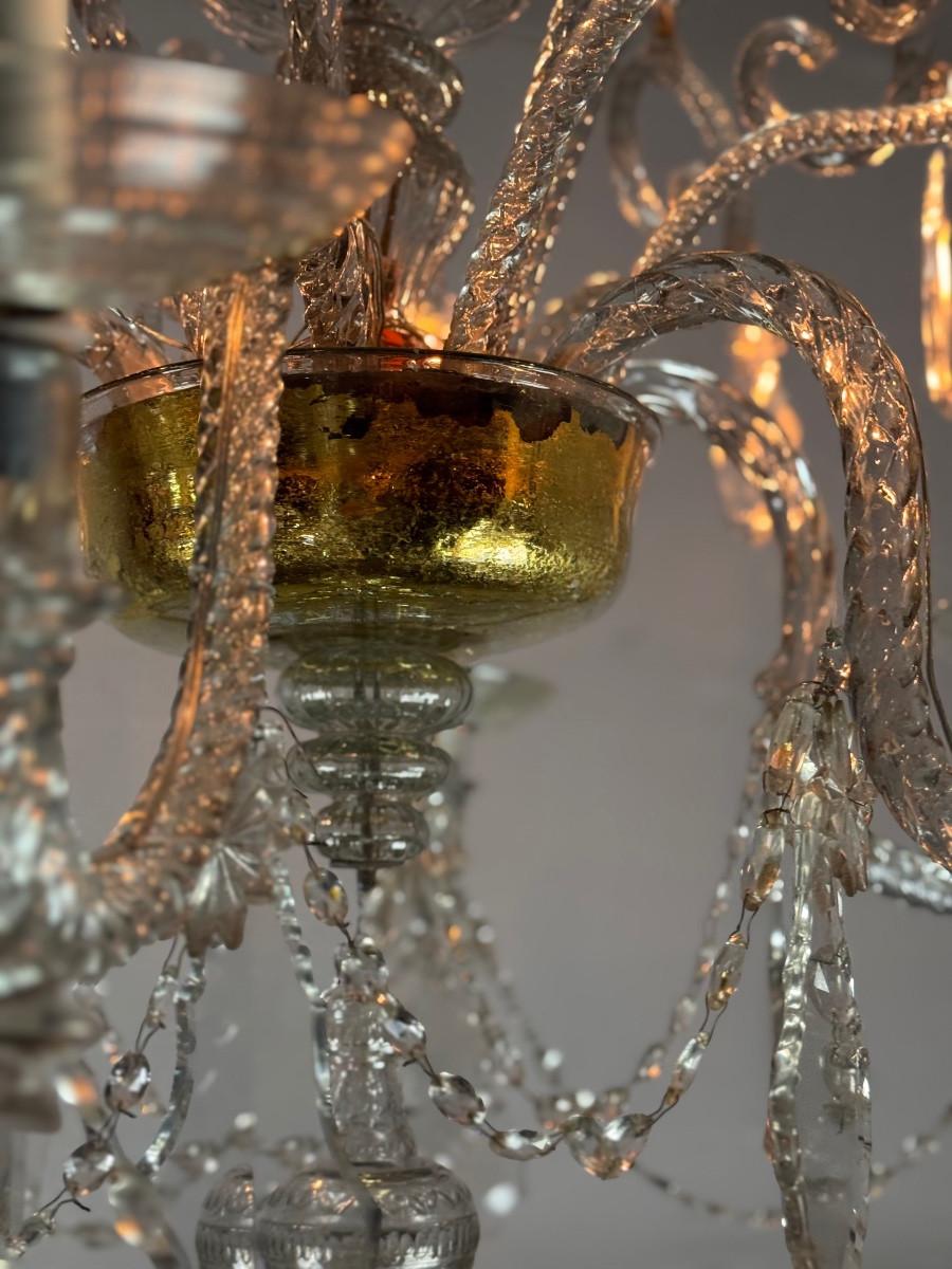 Liégeois Chandelier In Blown Glass And Cut Crystals, 6 Arms Of Light, 18th Century