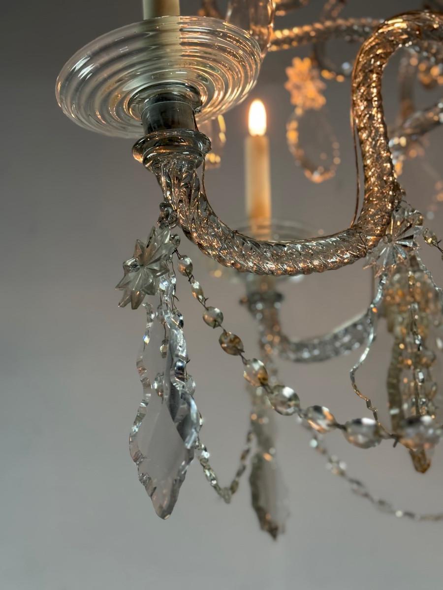 18th Century Liégeois Chandelier In Blown Glass And Cut Crystals, 6 Arms Of Light For Sale
