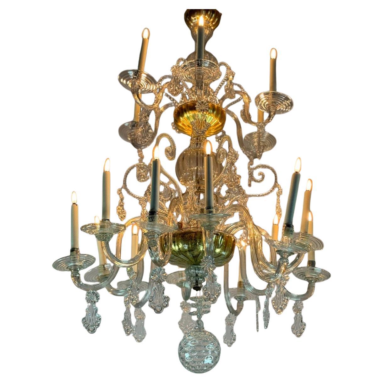 Liégeois Chandelier In Blown Glass, Two Levels Of Light Arms, 18th Century For Sale