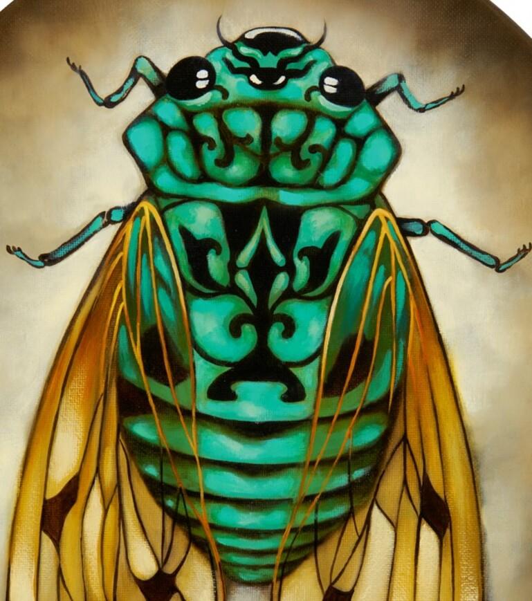 Cicada, 2020. Peinture à l'huile sur toile 30 x 24 cm  - Marron Animal Painting par Liene Liepina 