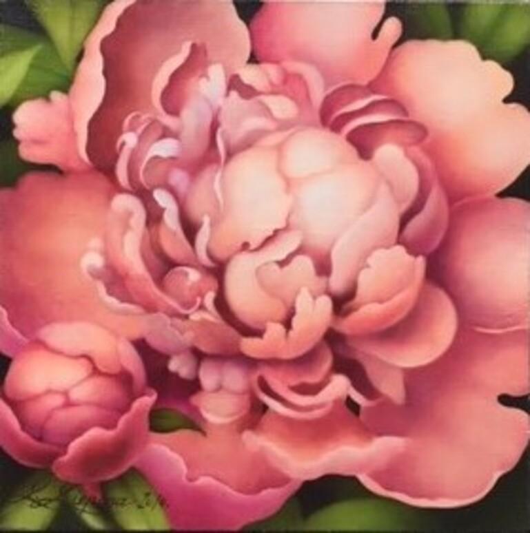 Pink Peony, 2020. Oil on canvas, 20 x 20 cm  - Painting by Liene Liepina 