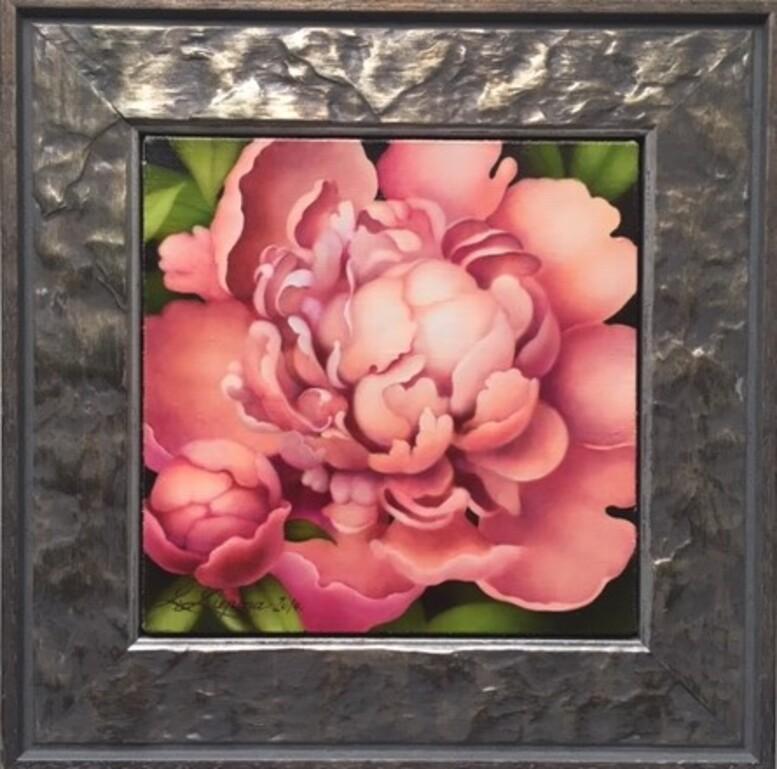 Still-Life Painting de Liene Liepina  - Peonía Rosa, 2020. Óleo sobre lienzo, 20 x 20 cm